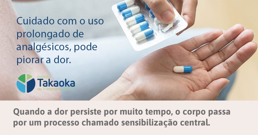 Mão segurando cápsula de remédio e cartela de analgésicos - Riscos da automedicação - Instituto Takaoka Dor